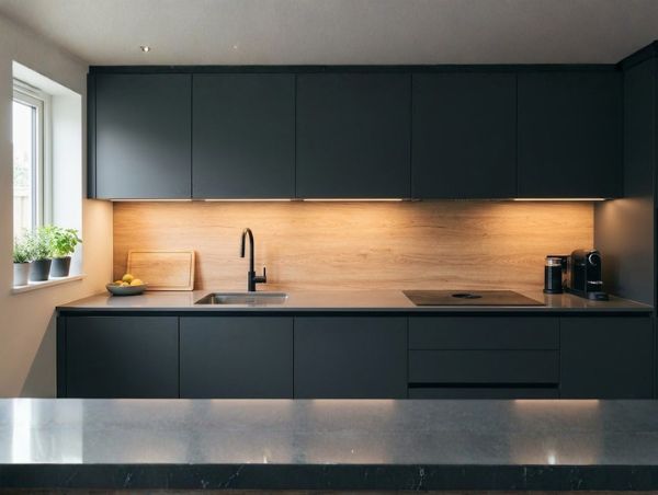 Cozinha moderna com parede revestida em fórmica amadeirada
